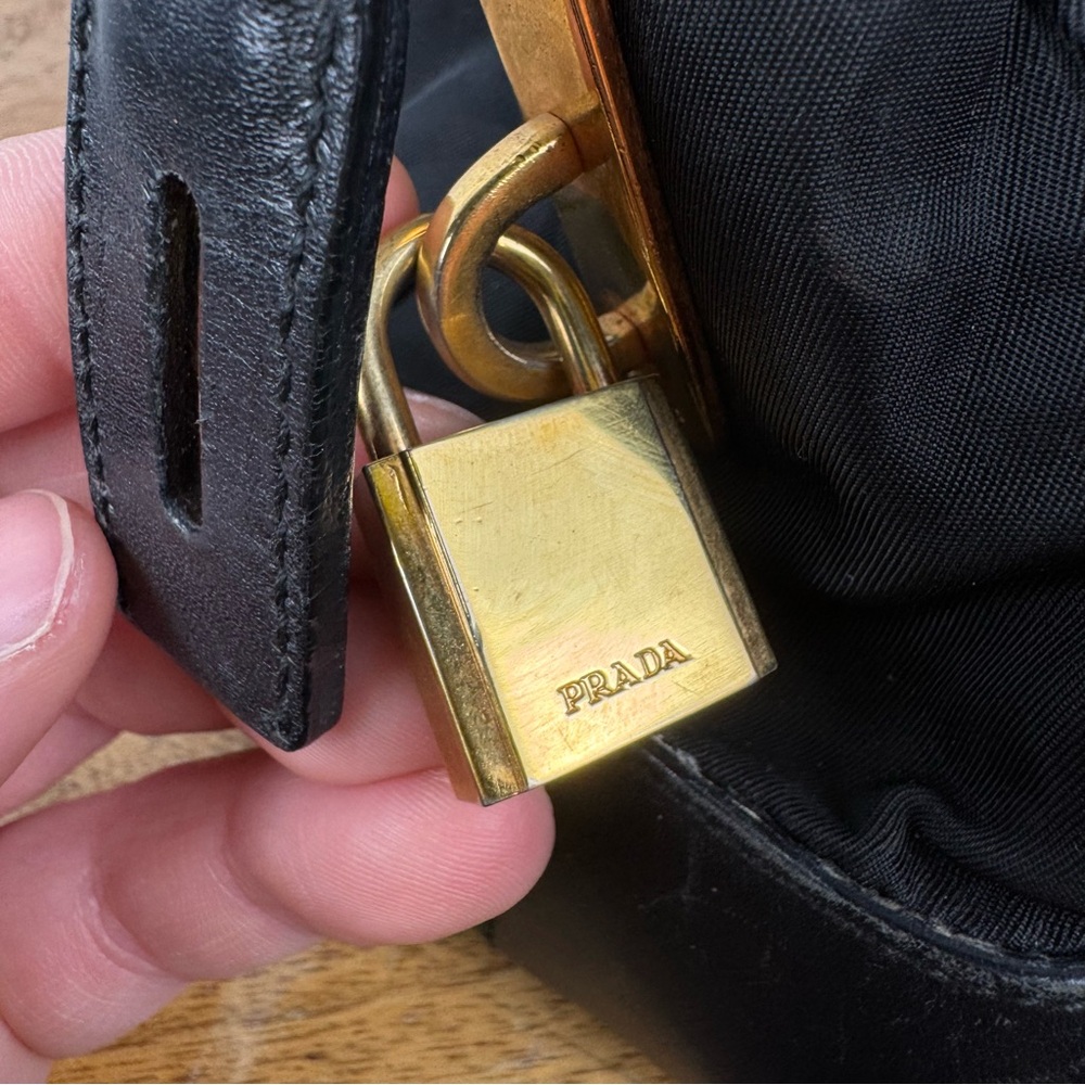 Vintage Prada Black Nylon Leather Trim Zip Tote Bag w/ Lock & Key - Picture 5 of 16